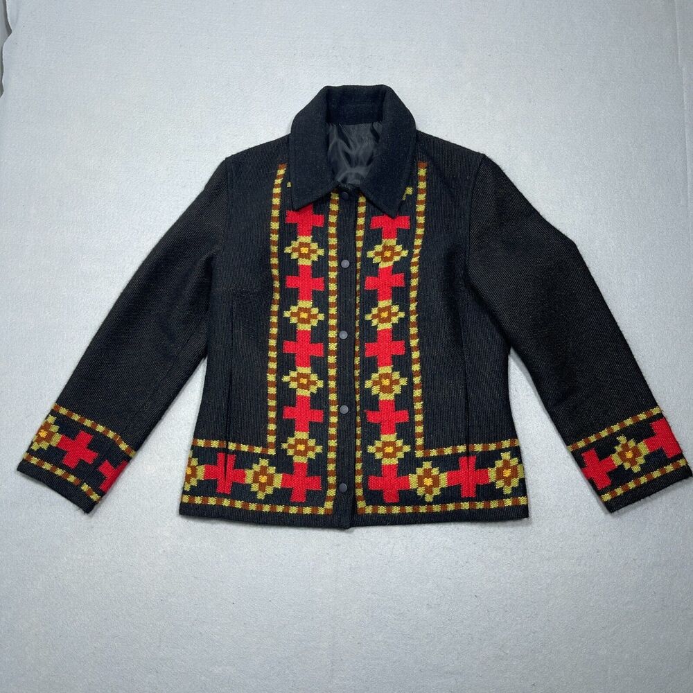 Tabask Jacket Women L Black Alpaca Wool Handmade‎ Red Cross Pattern Ethnic Boho